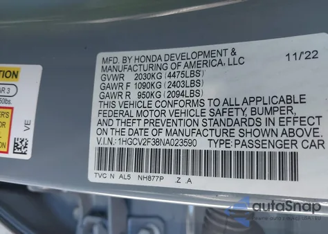 2022 Honda Accord Sport 2.0T из США, поврежденный, VIN 1HGCV2F38NA023590